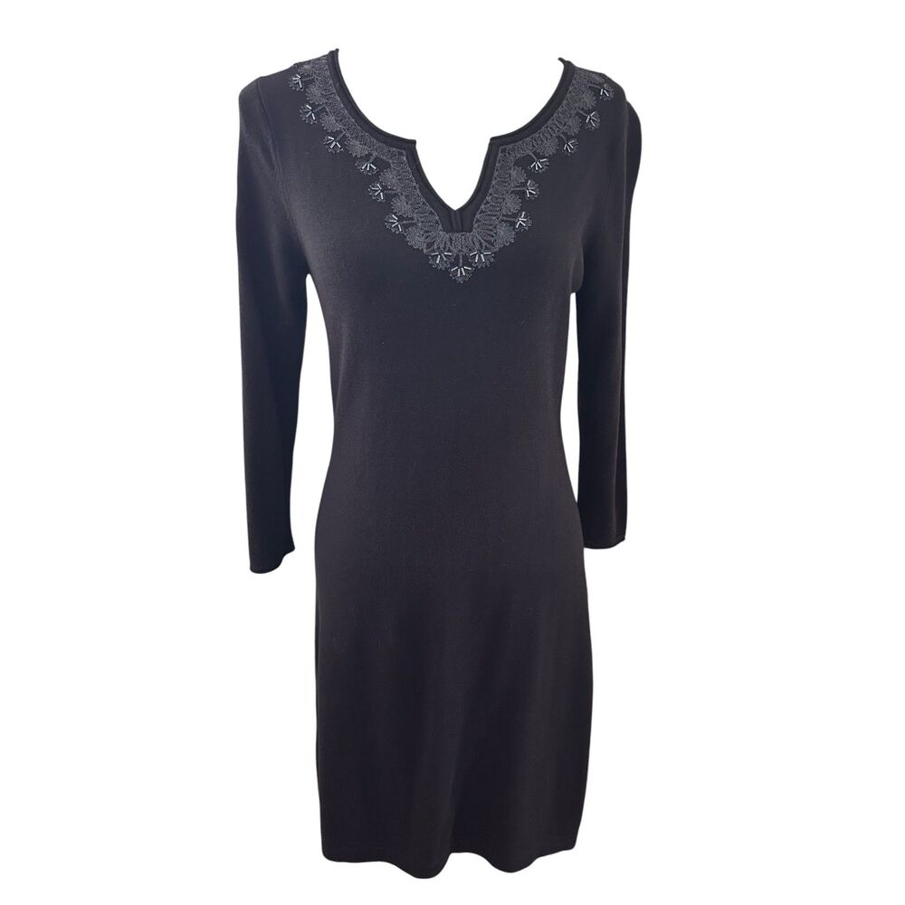 Tommy Bahama Black Knit Dress XS Beaded Embroidered Neckline 3/4 Sleeve